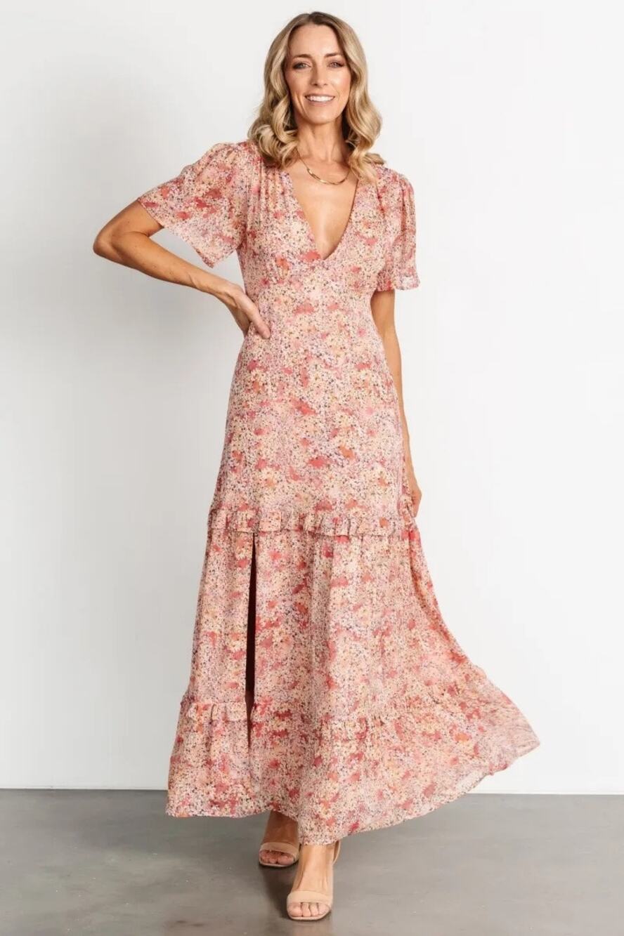 Baltic Born WomenS XL Audrey Deep V Maxi Dress Blush FloraL Garden Feminine